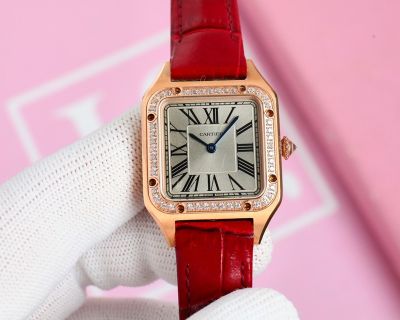 Cartier 18K Rose Gold Italian Cowhide Leather Strap Sapphire Glass Women's Watch